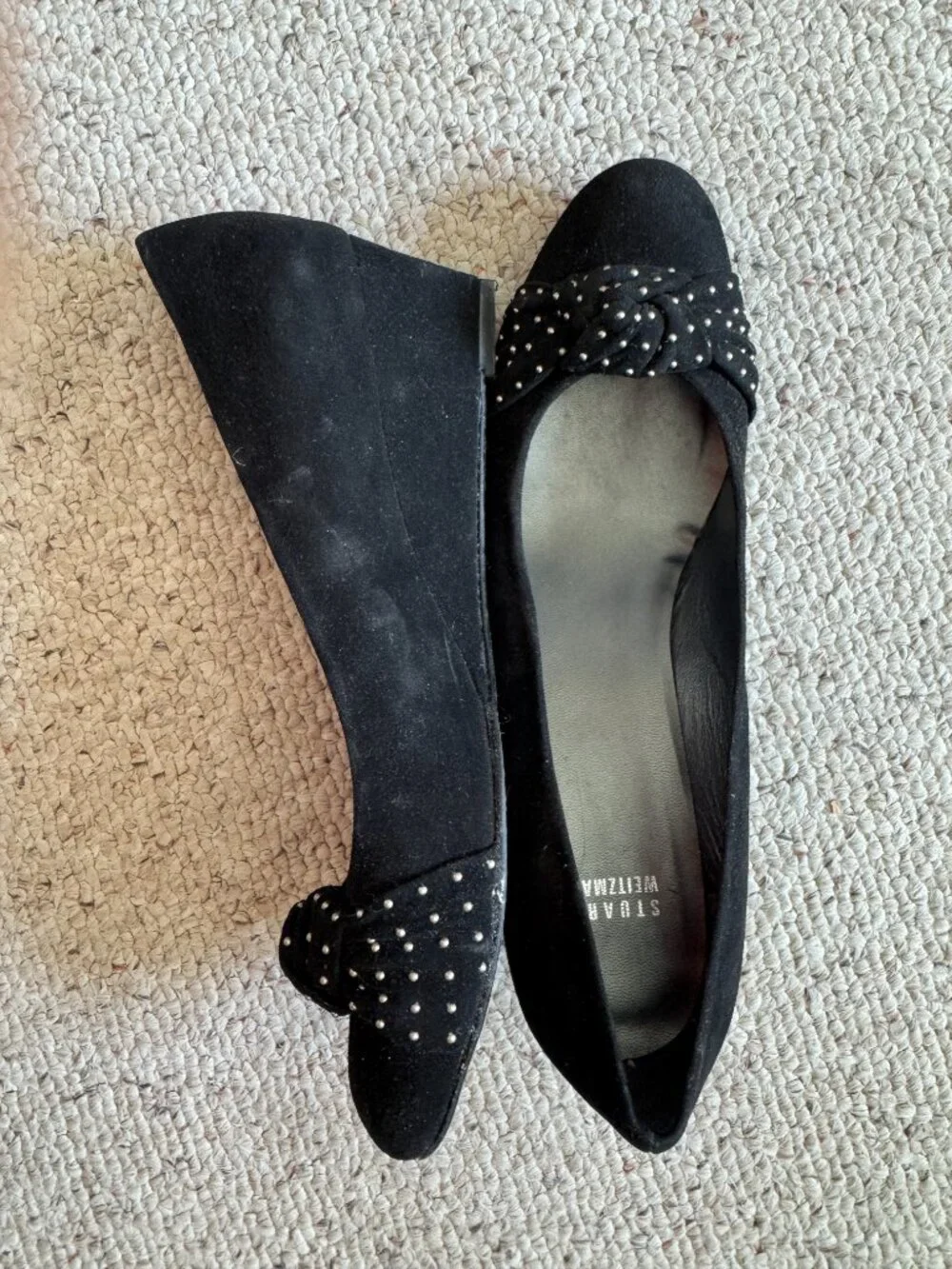 Stuart Weitzman Black Suede Wedge Studded Knot Toe Shoe Sz 10 N